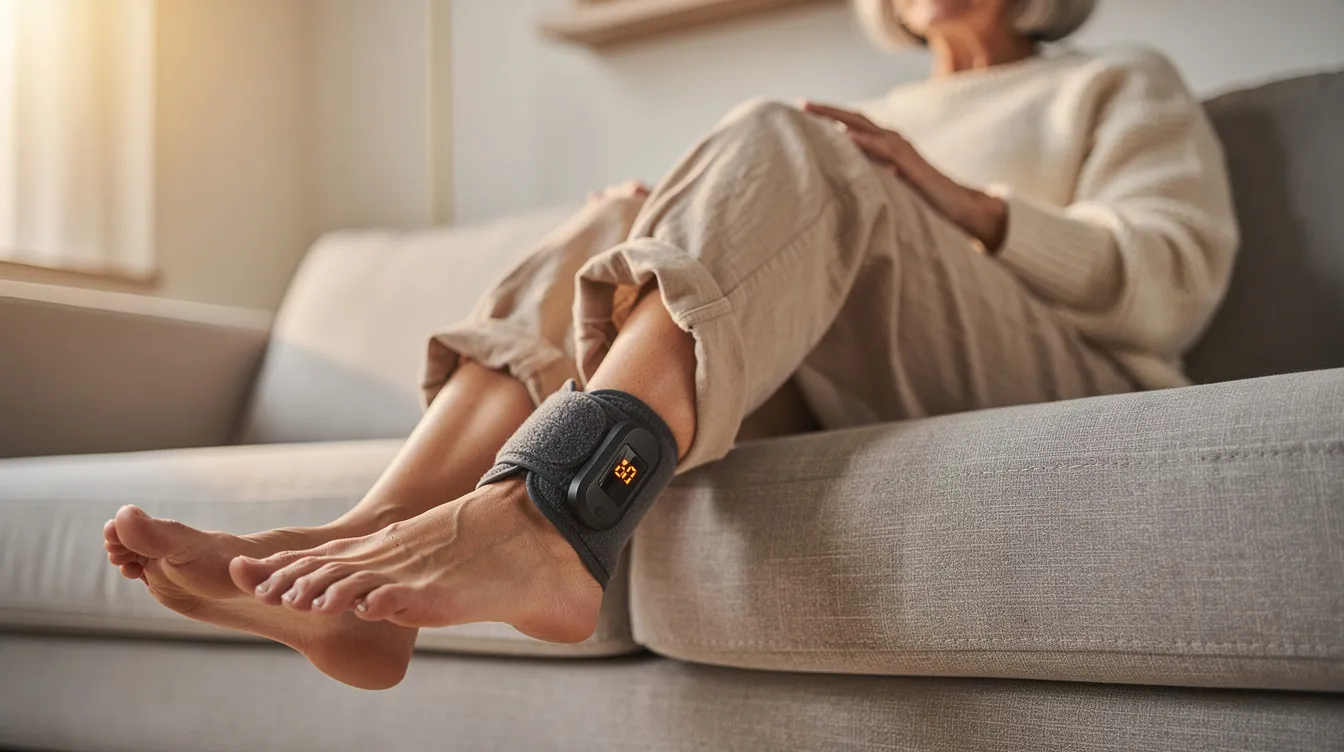 Lifestyle scene showing the ankle wrap being used while reading at home