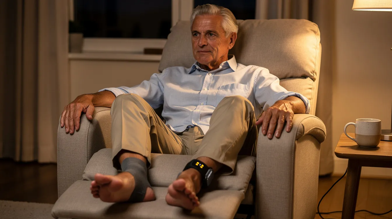 Older man watching TV while wearing the ankle wrap